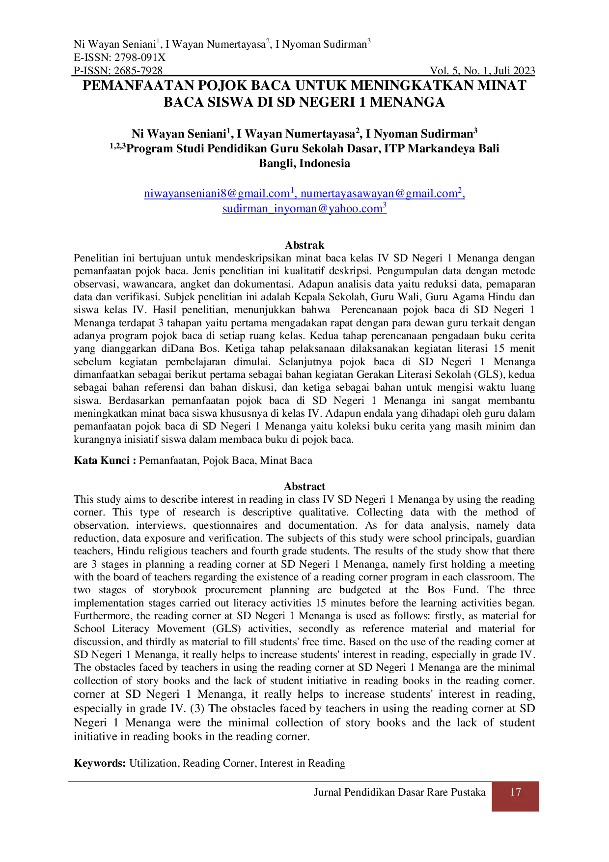 JURIS Pemanfaatan Pojok Baca untuk Meningkatkan Minat Baca Siswa di SD Negeri 1 Menanga