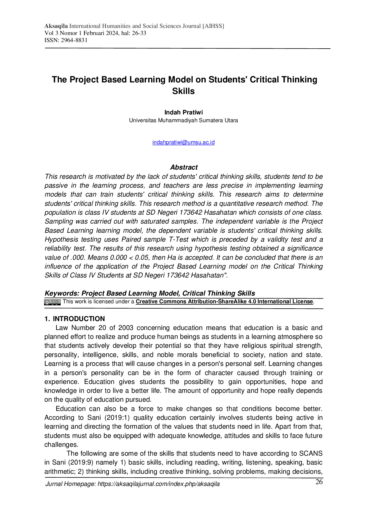 JURIS The Project Based Learning Model on Students Critical Thinking Skills