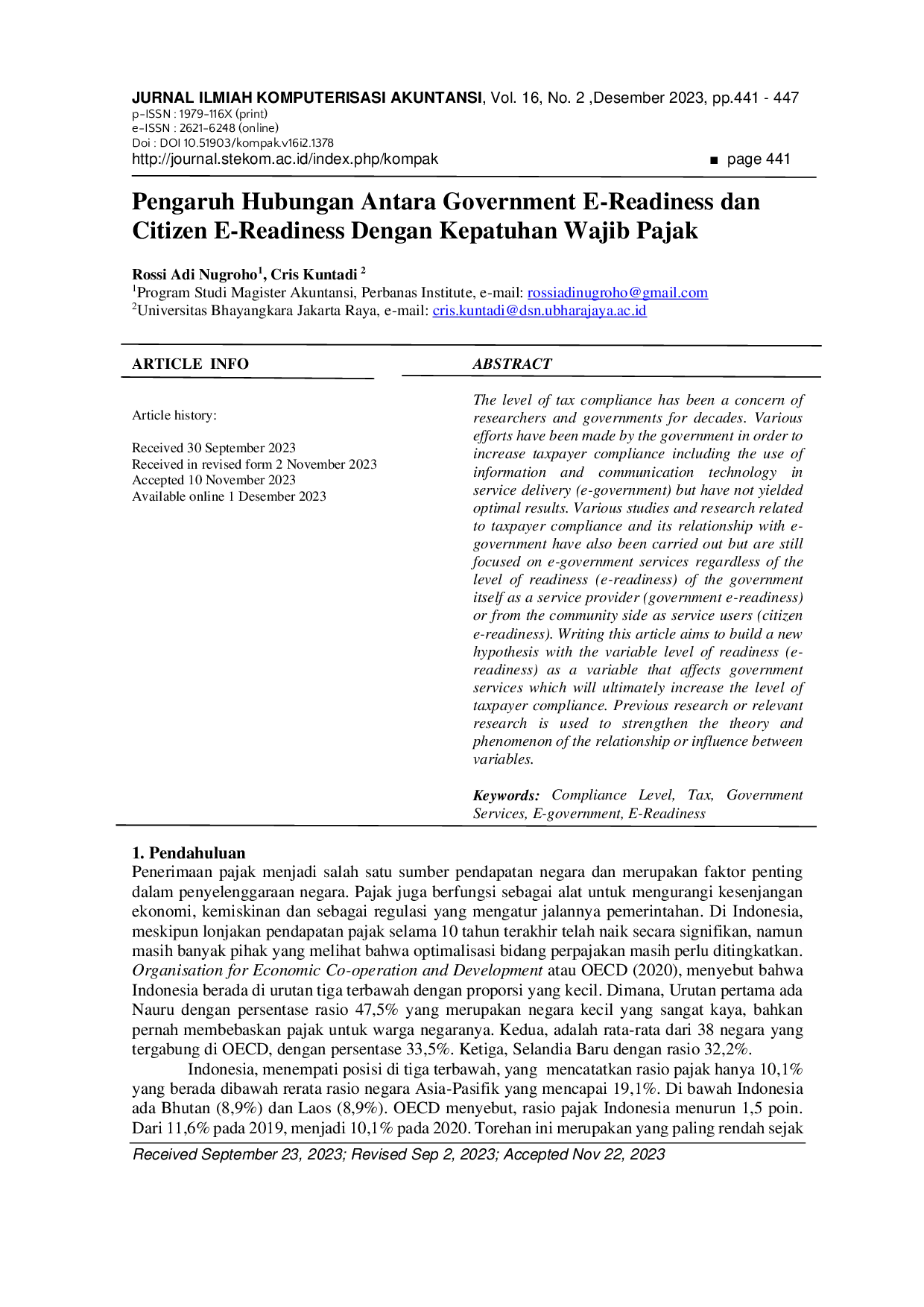 JURIS Pengaruh Hubungan Antara Government E Readiness dan Citizen E Readiness Dengan Kepatuhan Wajib Pajak