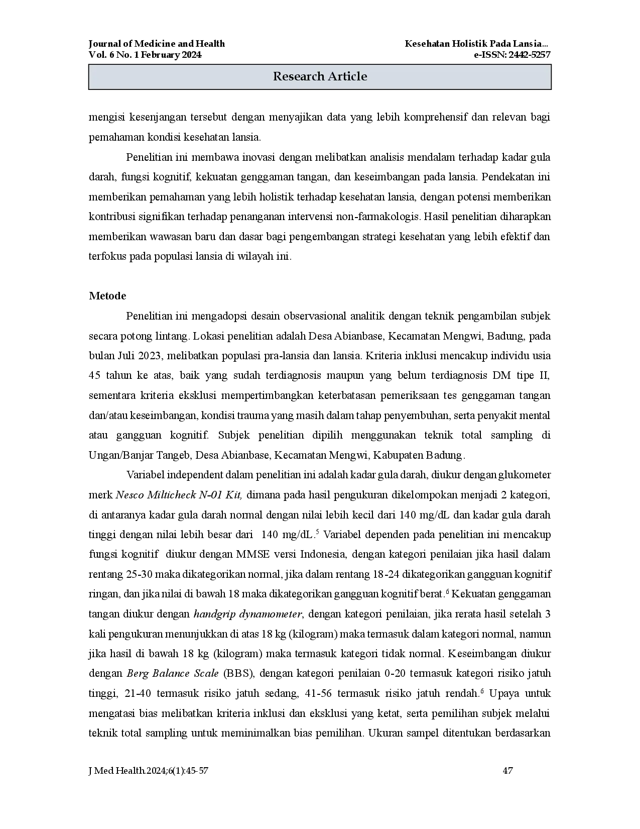 juris Kesehatan Holistik Pada Lansia Eksplorasi Kadar Gula Darah Fungsi Kognisi Kekuatan Genggaman Tangan dan Keseimbangan di Mengwi Badung