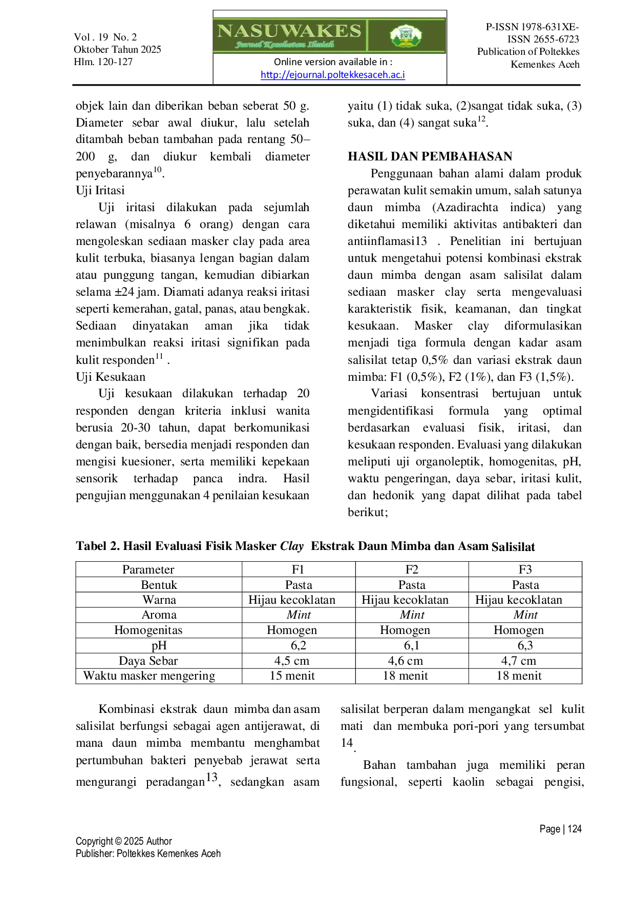 JURIS Formulasi Evaluasi Fisik Iritasi dan Hedonik Masker Clay Kombinasi Ekstrak Daun Mimba Azadirachta indica dan Asam Salisilat