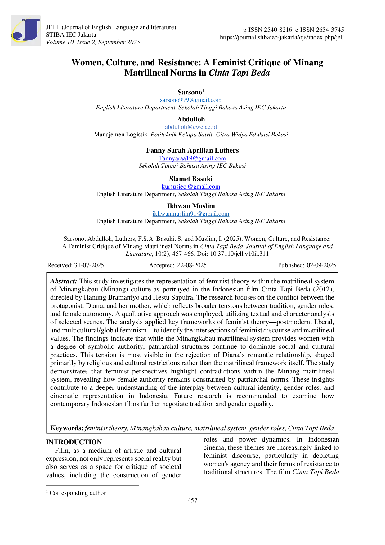 JURIS Women Culture and Resistance A Feminist Critique of Minang Matrilineal Norms in Cinta Tapi Beda
