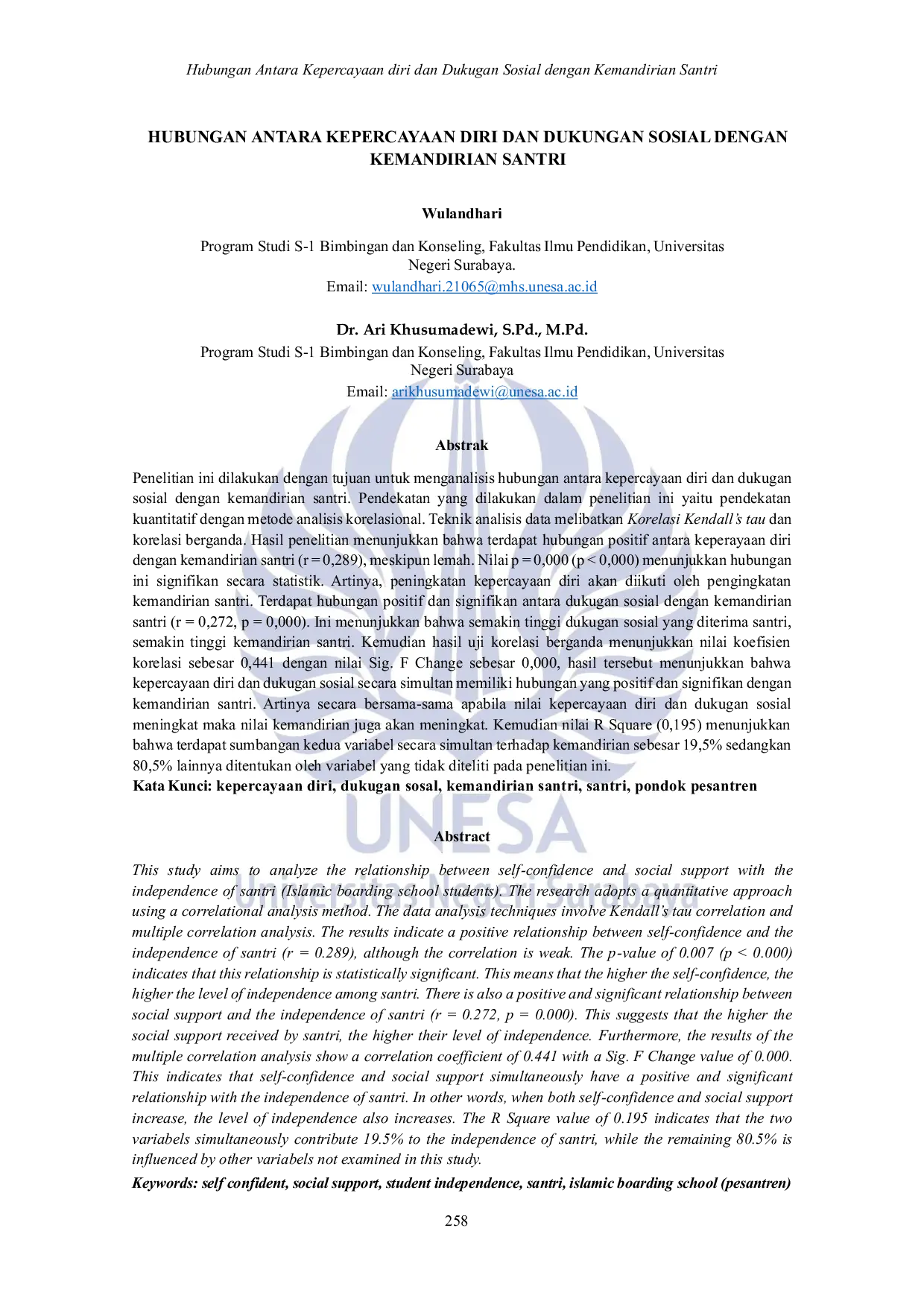 JURIS Hubungan Antara Kepercayaan Diri Dan Dukugan Sosial Dengan Kemandirian Santri