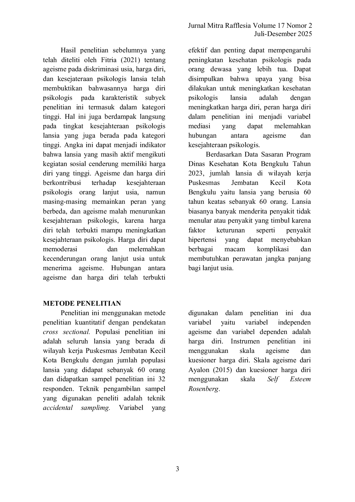 JURIS Hubungan Ageisme Dengan Harga Diri Pada Lanjut Usia Di Wilayah Kerja Puskesmas Jembatan Kecil Kota Bengkulu