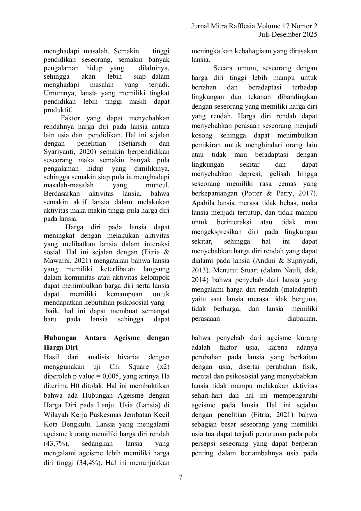 JURIS Hubungan Ageisme Dengan Harga Diri Pada Lanjut Usia Di Wilayah Kerja Puskesmas Jembatan Kecil Kota Bengkulu