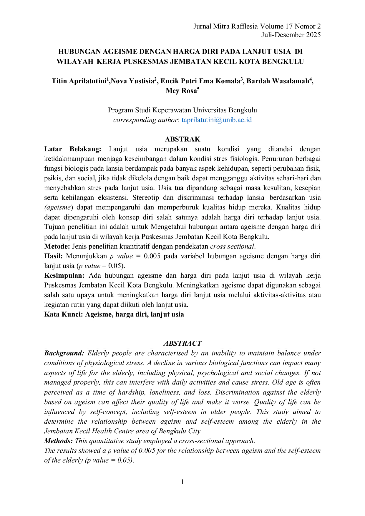 JURIS Hubungan Ageisme Dengan Harga Diri Pada Lanjut Usia Di Wilayah Kerja Puskesmas Jembatan Kecil Kota Bengkulu