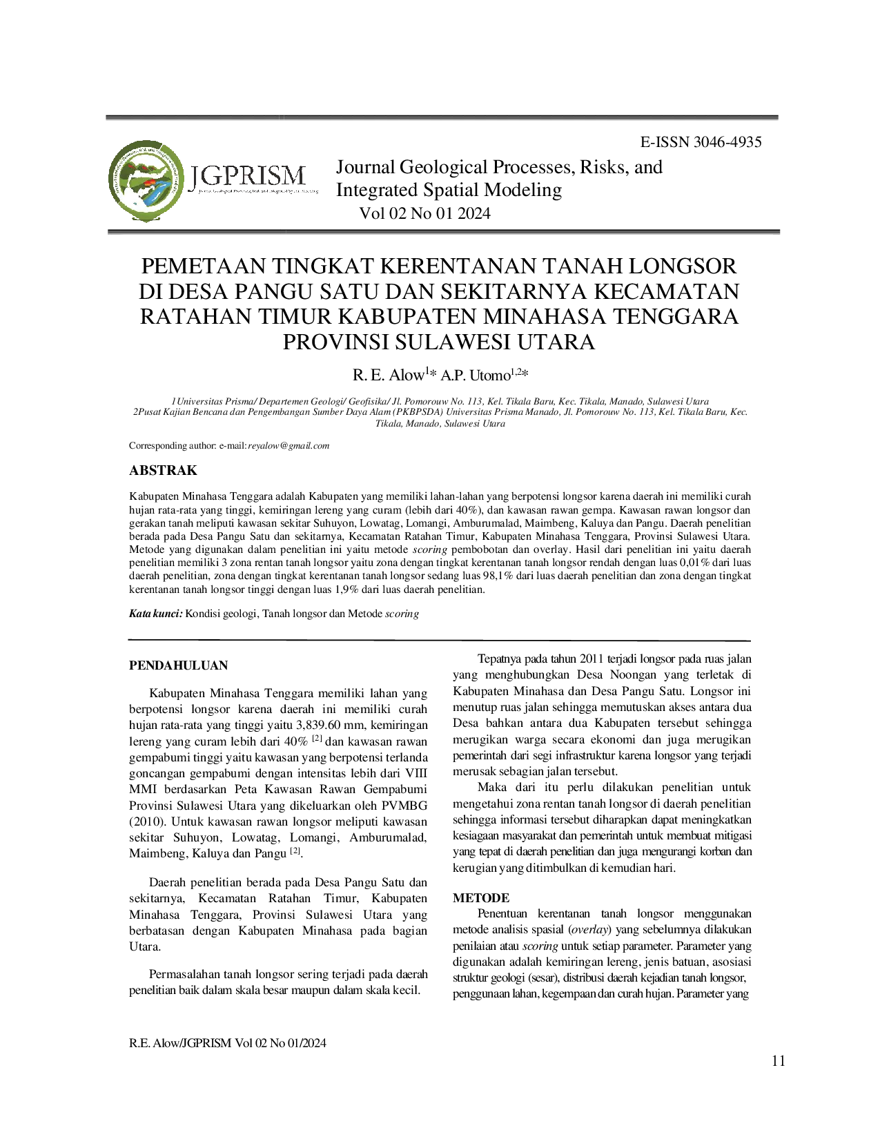 JURIS Pemetaan Tingkat Kerentanan Tanah Longsor di Desa Pangu Satu dan Sekitarnya Kecamatan Ratahan Timur Kabupaten Minahasa Tenggara Provinsi Sulawesi Utara