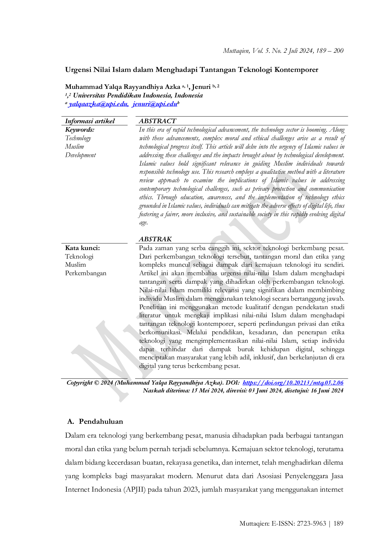 JURIS Urgensi Nilai Islam dalam Menghadapi Tantangan Teknologi Kontemporer