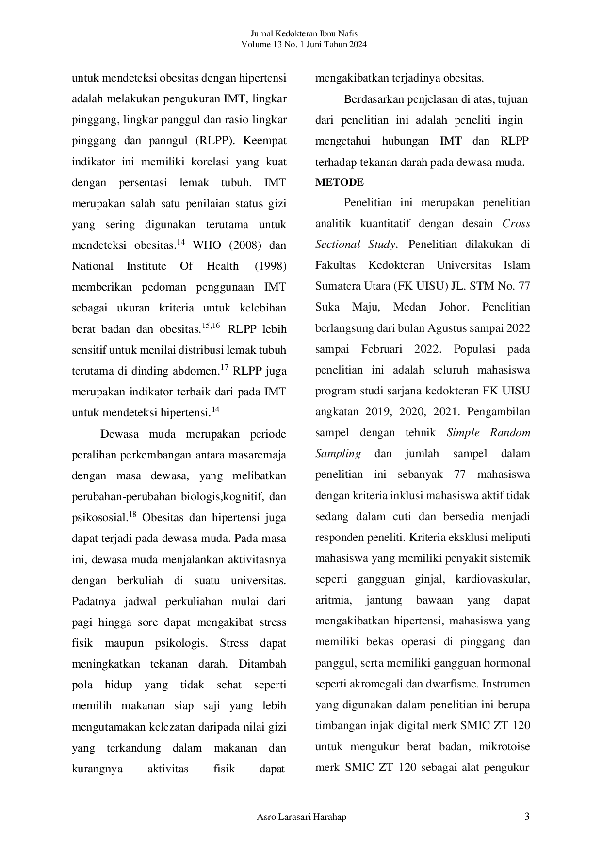 JURIS Hubungan Indeks Massa Tubuh Dan Rasio Lingkar Pinggang Panggul Terhadap Tekanan Darah Pada Dewasa Muda