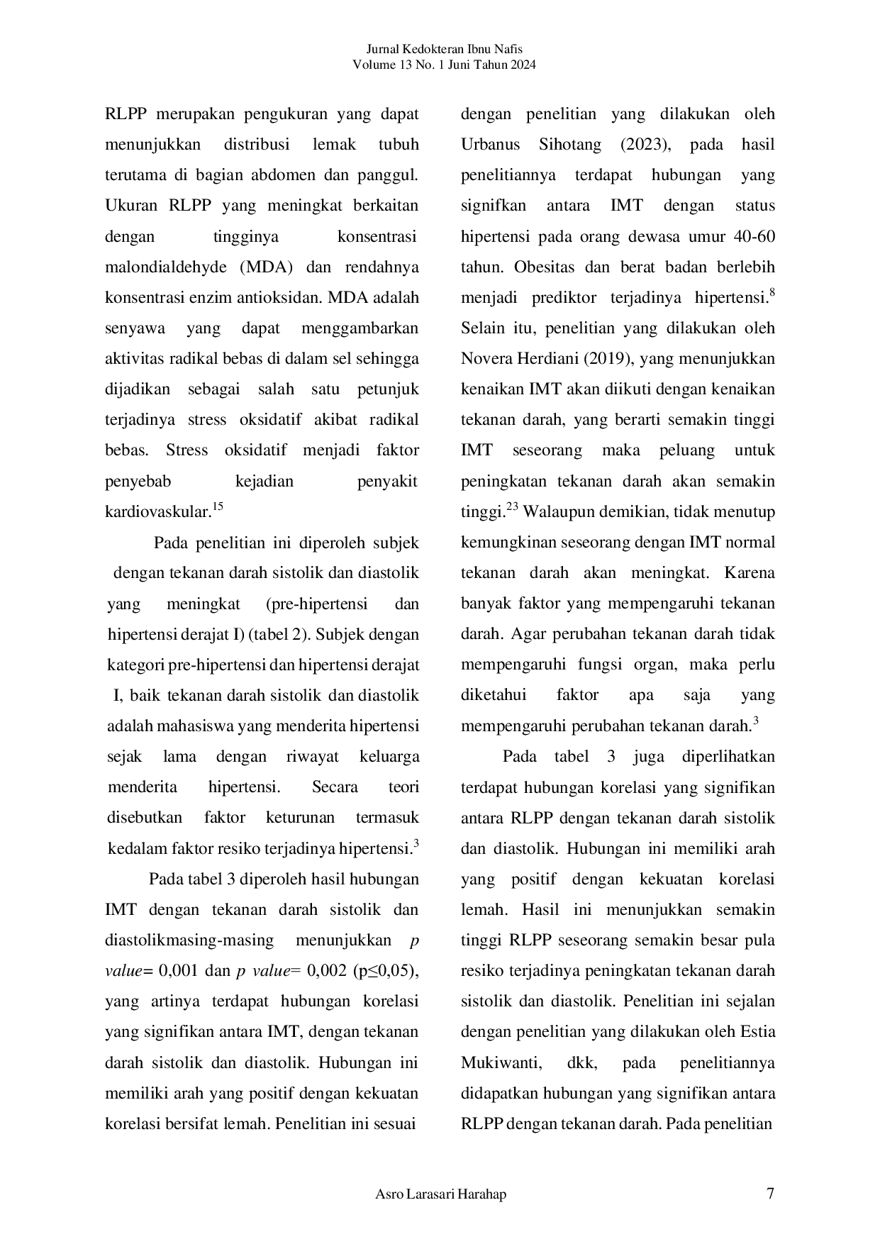 JURIS Hubungan Indeks Massa Tubuh Dan Rasio Lingkar Pinggang Panggul Terhadap Tekanan Darah Pada Dewasa Muda