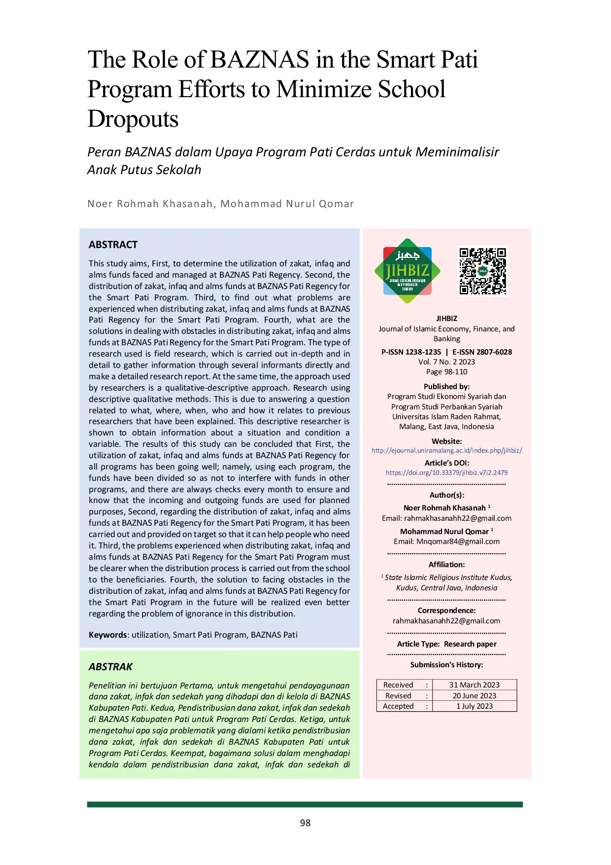 JURIS Peran BAZNAS dalam Upaya Program Pati Cerdas untuk Meminimalisir Anak Putus Sekolah