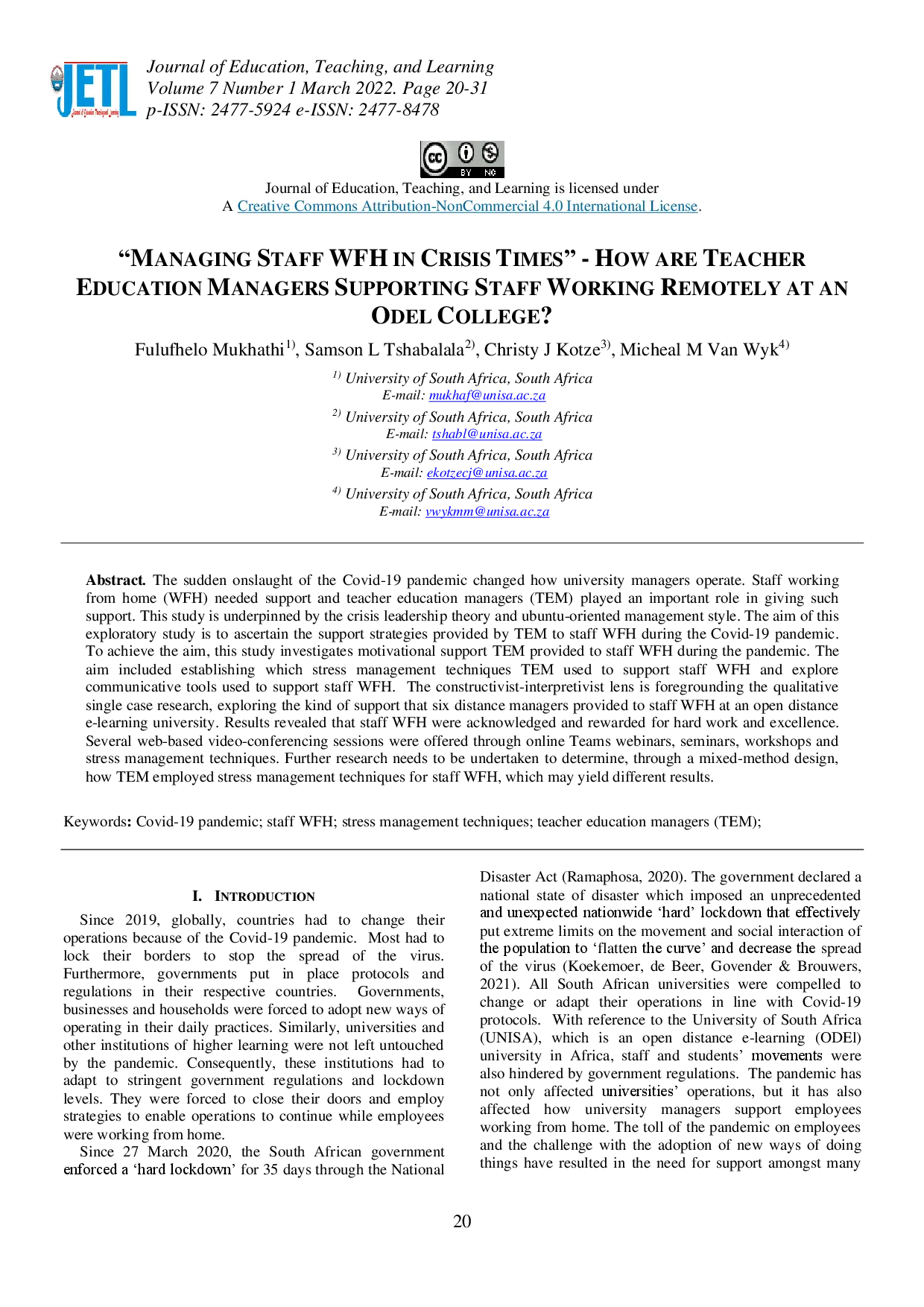 juris Managing Staff WFH in Crisis Times How Are Teacher Education Managers Supporting Staff Working Remotely at an Odel College
