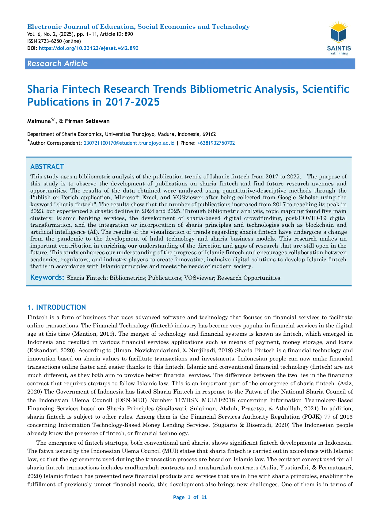 JURIS Sharia Fintech Research Trends Bibliometric Analysis Scientific Publications in 2017 2025