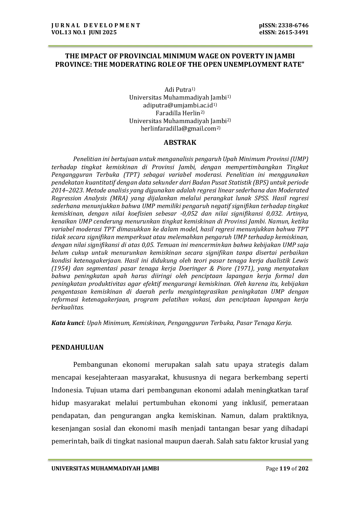 JURIS The Impact of Provincial Minimum Wage on Poverty in Jambi Province The Moderating Role of the Open Unemployment Rate