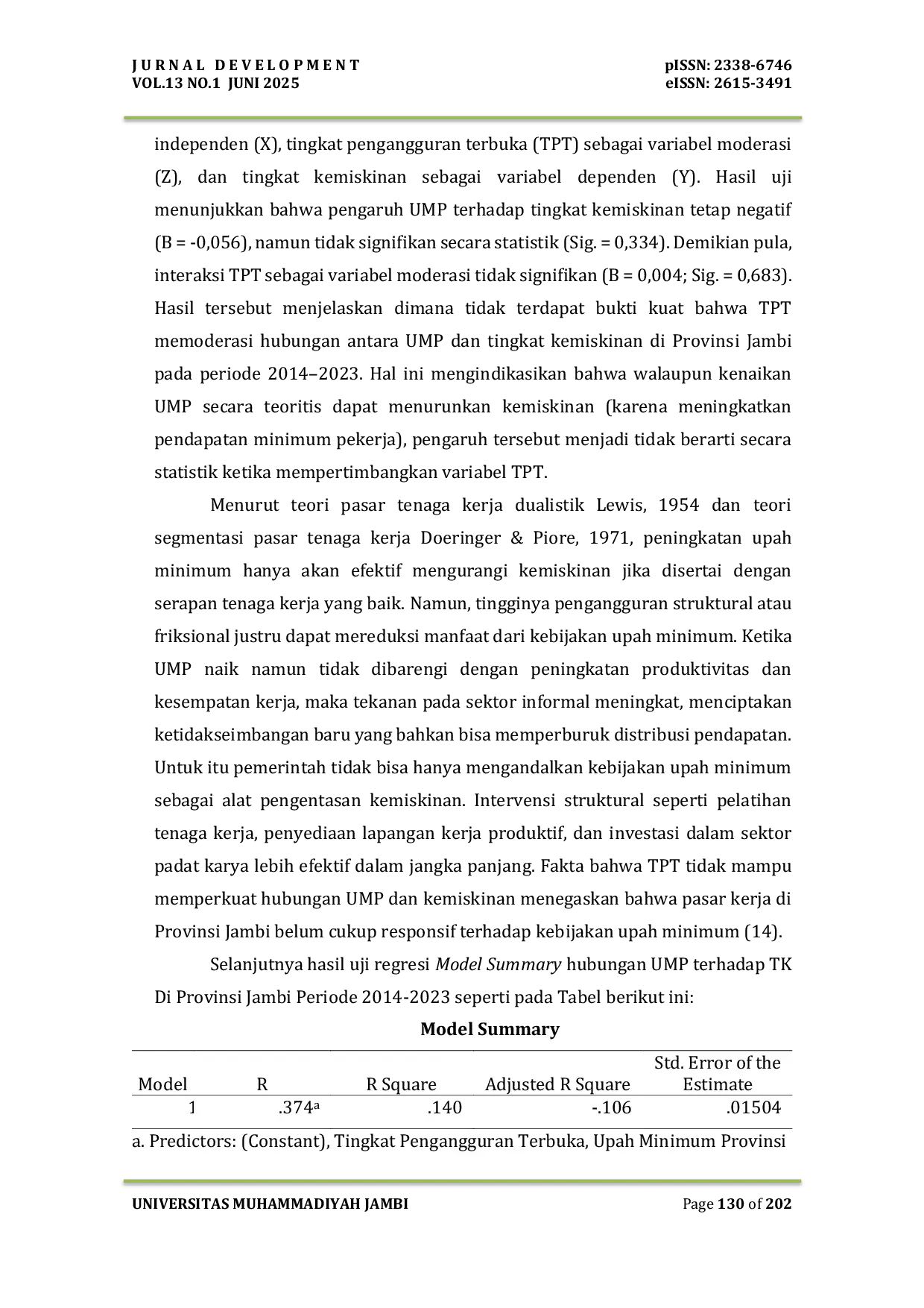 JURIS The Impact of Provincial Minimum Wage on Poverty in Jambi Province The Moderating Role of the Open Unemployment Rate