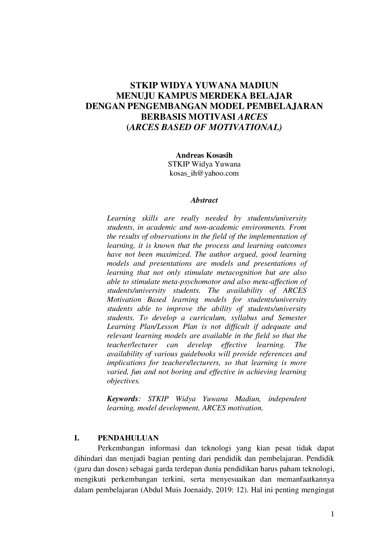 JURIS STKIP Widya Yuwana Madiun Menuju Kampus Merdeka Belajar dengan Pengembangan Model Pembelajaran Berbasis Motivasi ARCES ARCES Based of Motivational