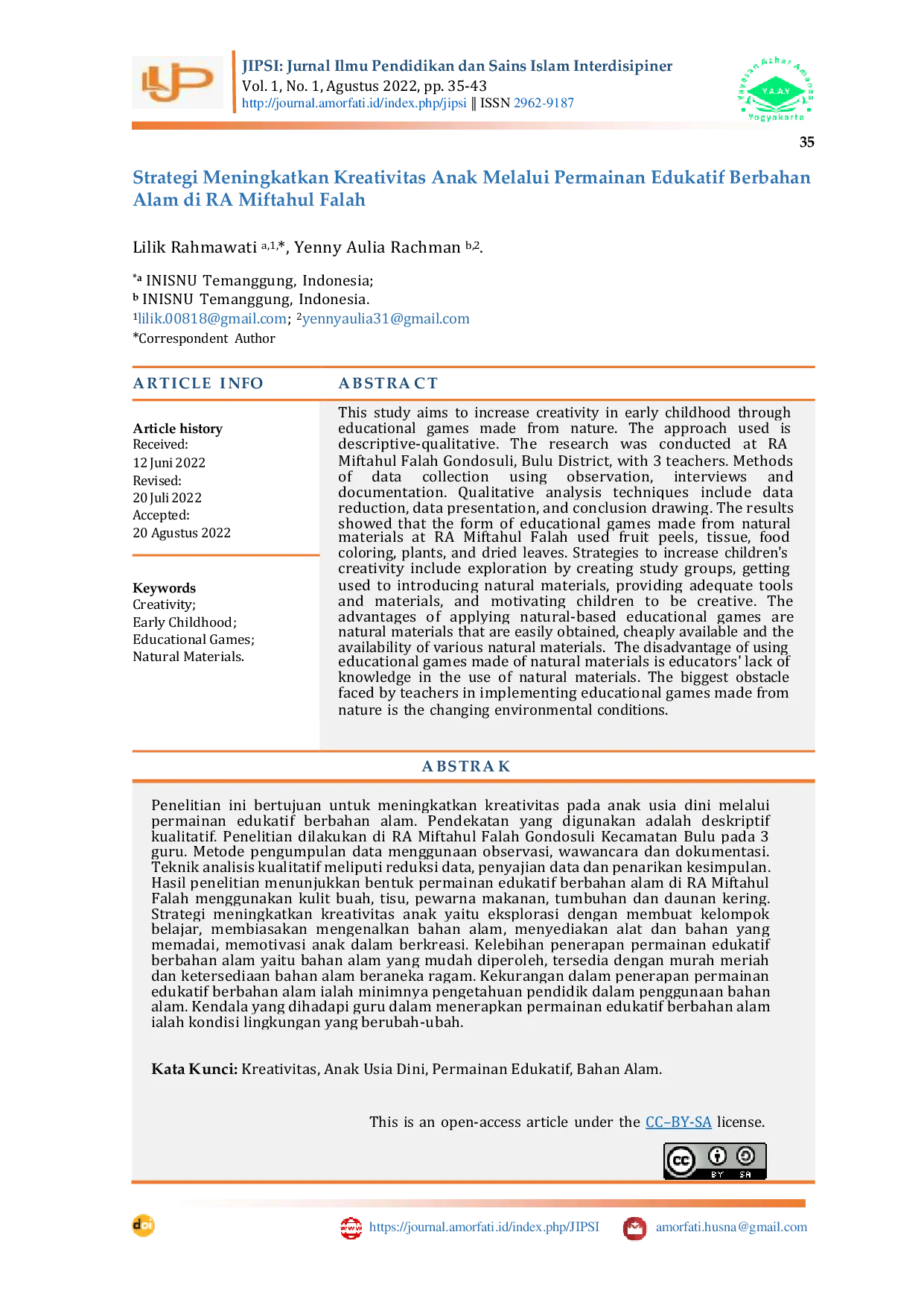 JURIS Strategi Meningkatkan Kreativitas Anak Melalui Permainan Edukatif Berbahan Alam di RA Miftahul Falah