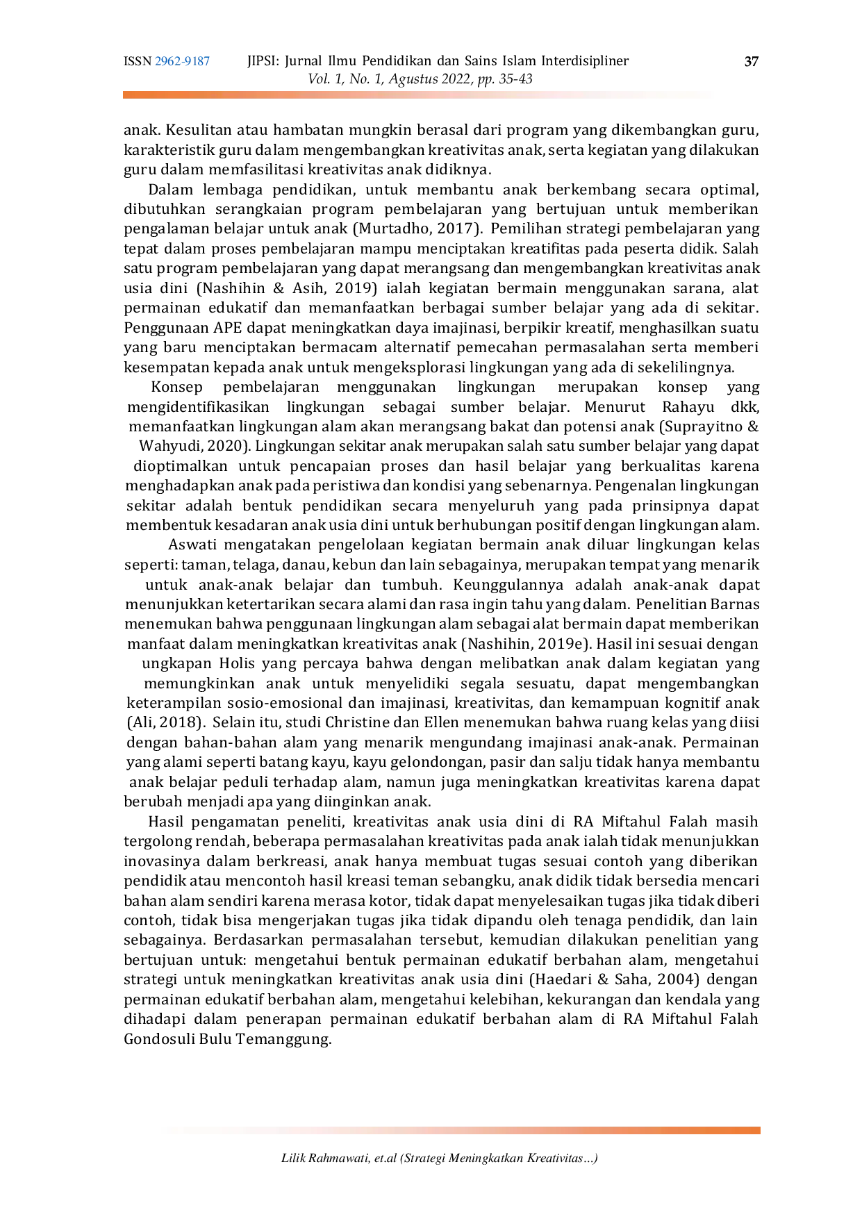 JURIS Strategi Meningkatkan Kreativitas Anak Melalui Permainan Edukatif Berbahan Alam di RA Miftahul Falah