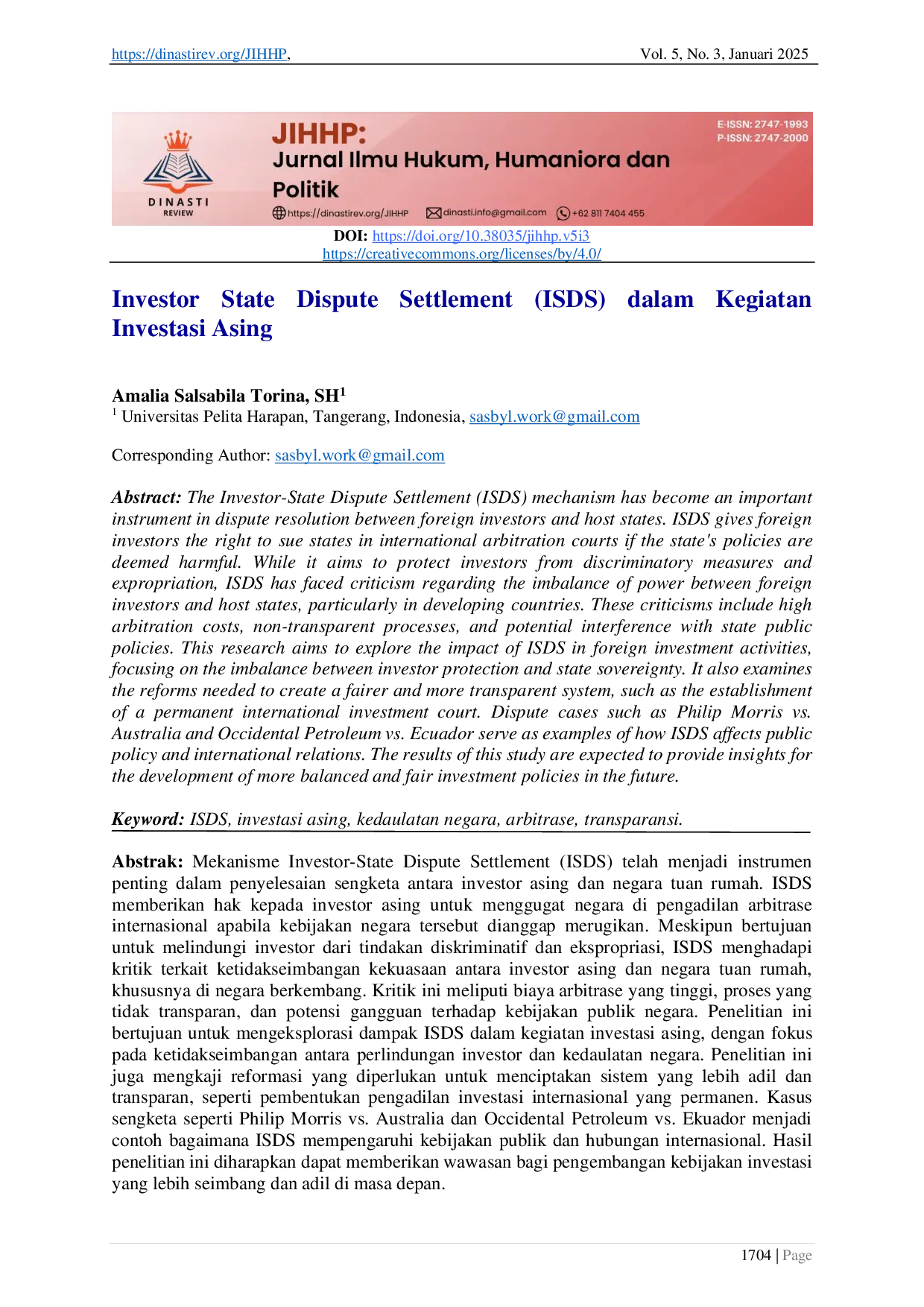 JURIS Investor State Dispute Settlement ISDS dalam Kegiatan Investasi Asing