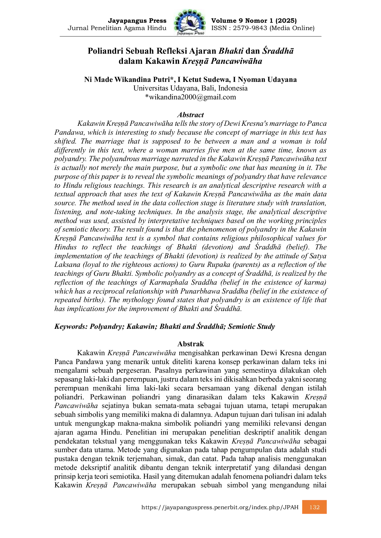 JURIS Poliandri Sebuah Refleksi Ajaran Bhakti dan oraddhA dalam Kakawin KreNA PancawiwAha