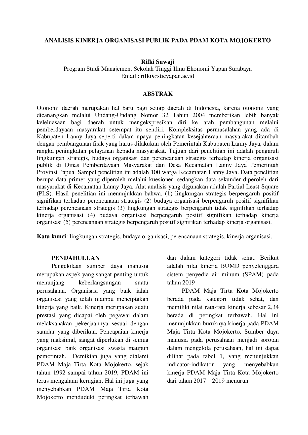 juris Analisis Kinerja Organisasi Publik Pada Pdam Kota Mojokerto