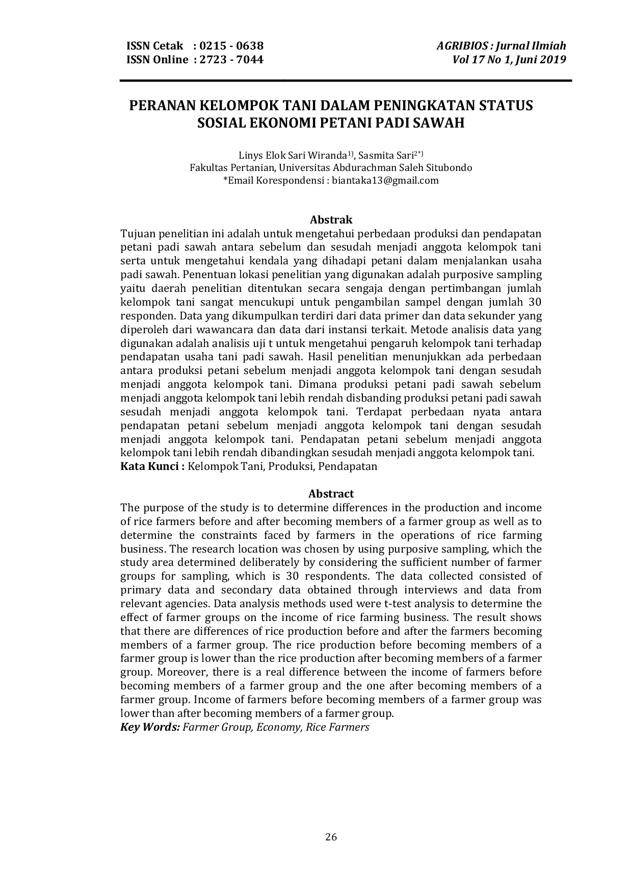 JURIS Peranan Kelompok Tani Dalam Peningkatan Status Sosial Ekonomi Petani Padi Sawah