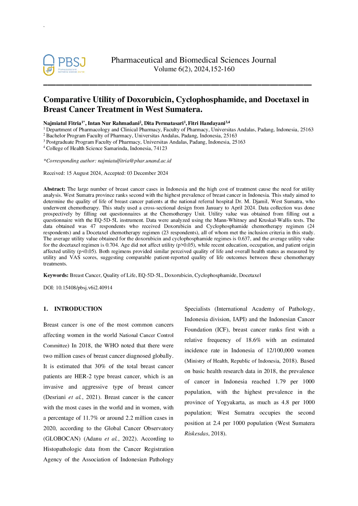 JURIS Comparative Utility of Doxorubicin Cyclophosphamide and Docetaxel in Breast Cancer Treatment in West Sumatera