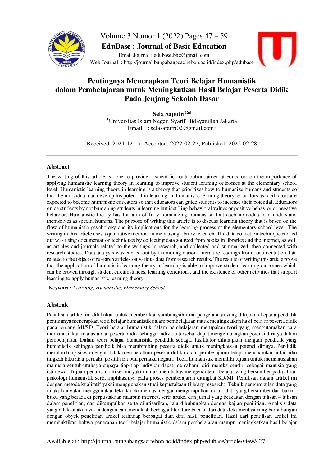 JURIS Pentingnya Menerapkan Teori Belajar Humanistik dalam Pembelajaran untuk Meningkatkan Hasil Belajar Peserta Didik Pada Jenjang Sekolah Dasar