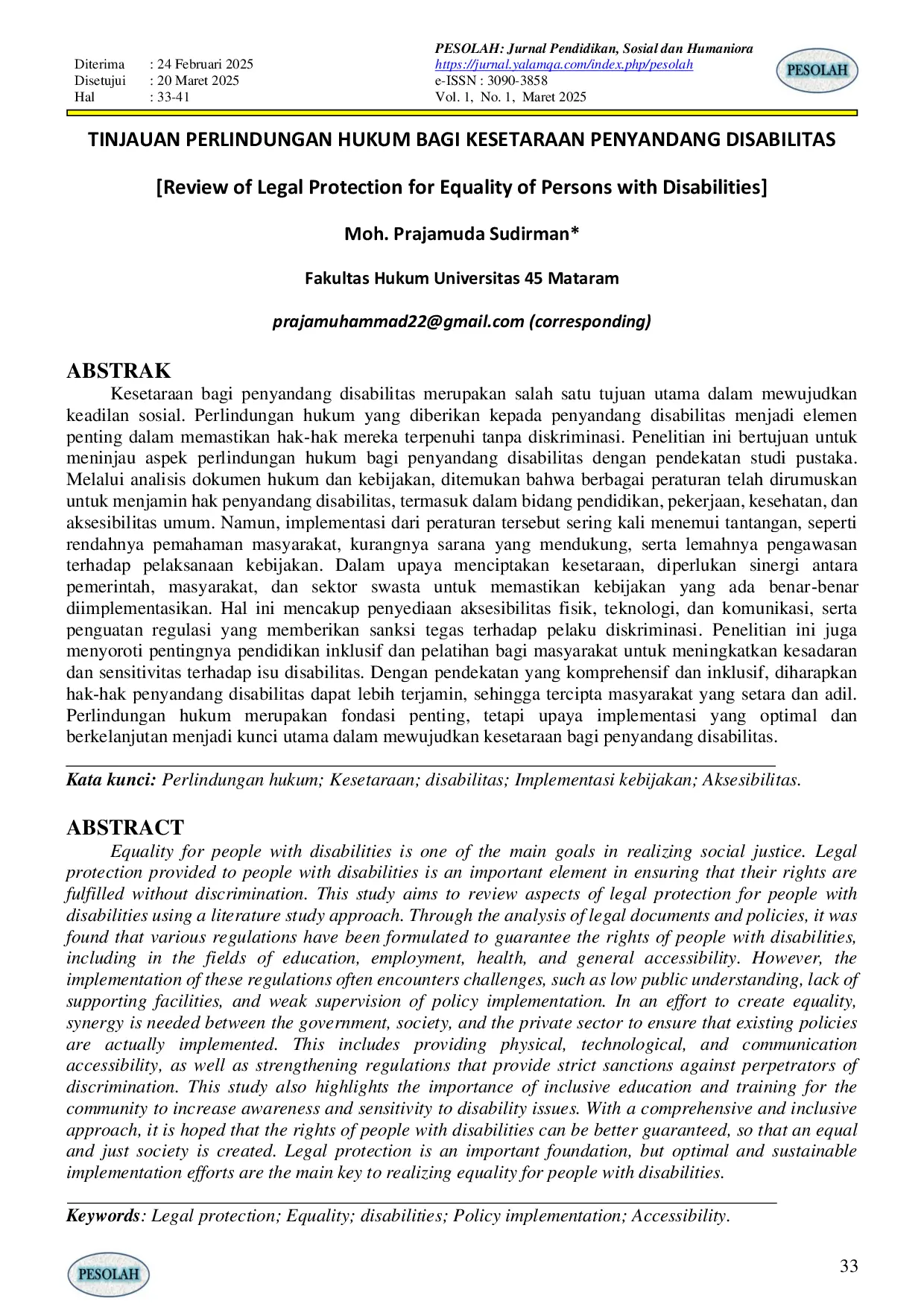 JURIS TINJAUAN PERLINDUNGAN HUKUM BAGI KESETARAAN PENYANDANG DISABILITAS Review of Legal Protection for Equality of Persons with Disabilities