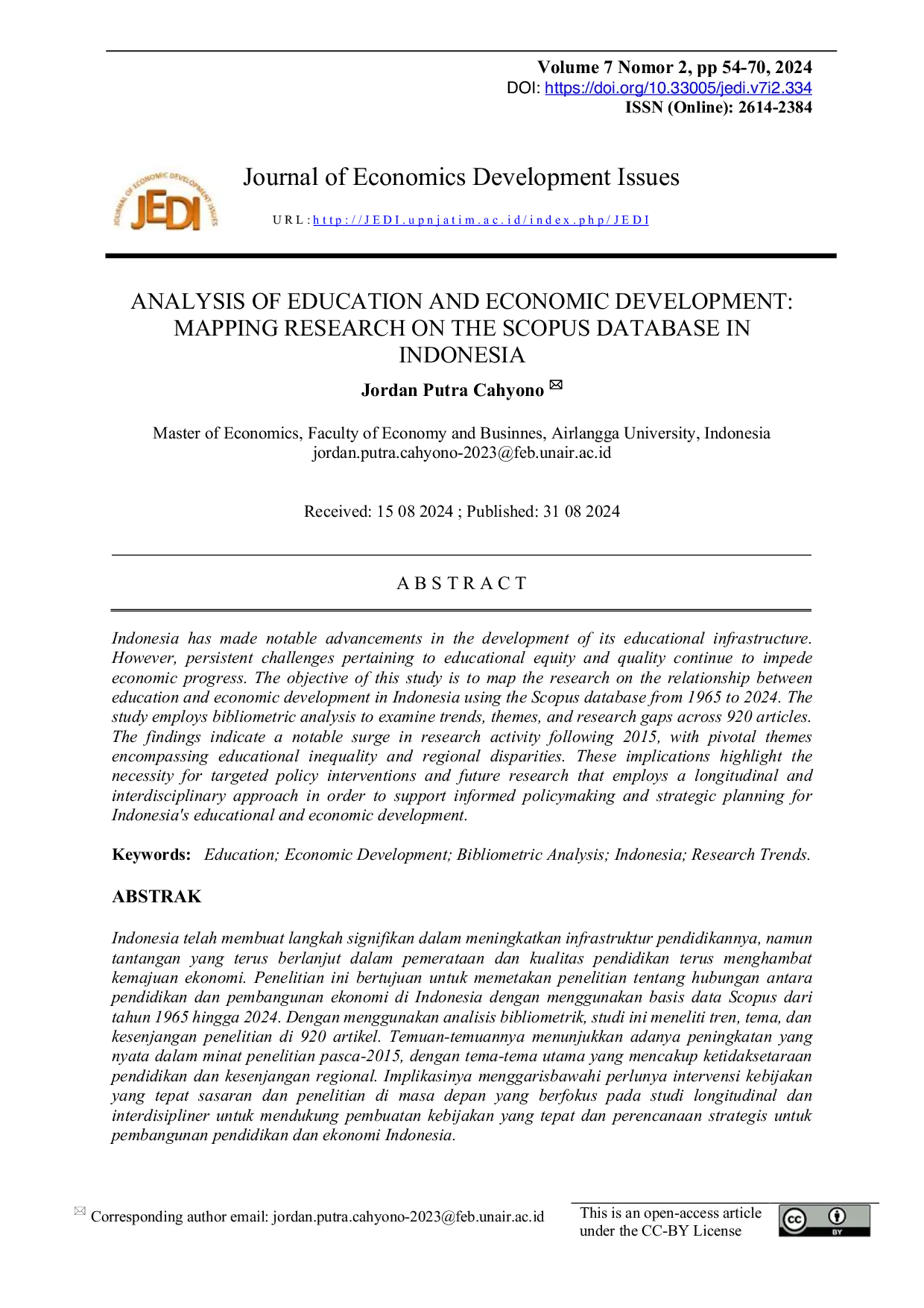 JURIS ANALYSIS OF EDUCATION AND ECONOMIC DEVELOPMENT MAPPING RESEARCH ON THE SCOPUS DATABASE IN INDONESIA