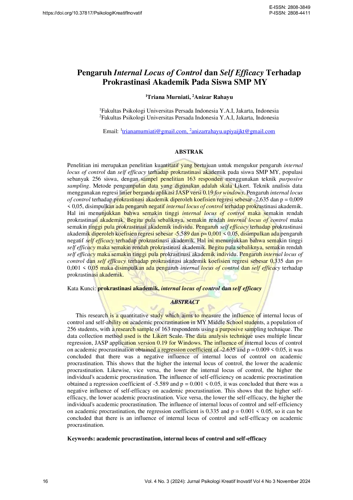 JURIS Pengaruh Internal Locus of Control dan Self Efficacy Terhadap Prokrastinasi Akademik Pada Siswa SMP MY