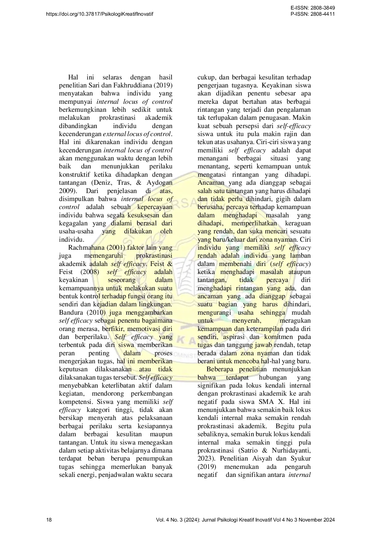 JURIS Pengaruh Internal Locus of Control dan Self Efficacy Terhadap Prokrastinasi Akademik Pada Siswa SMP MY