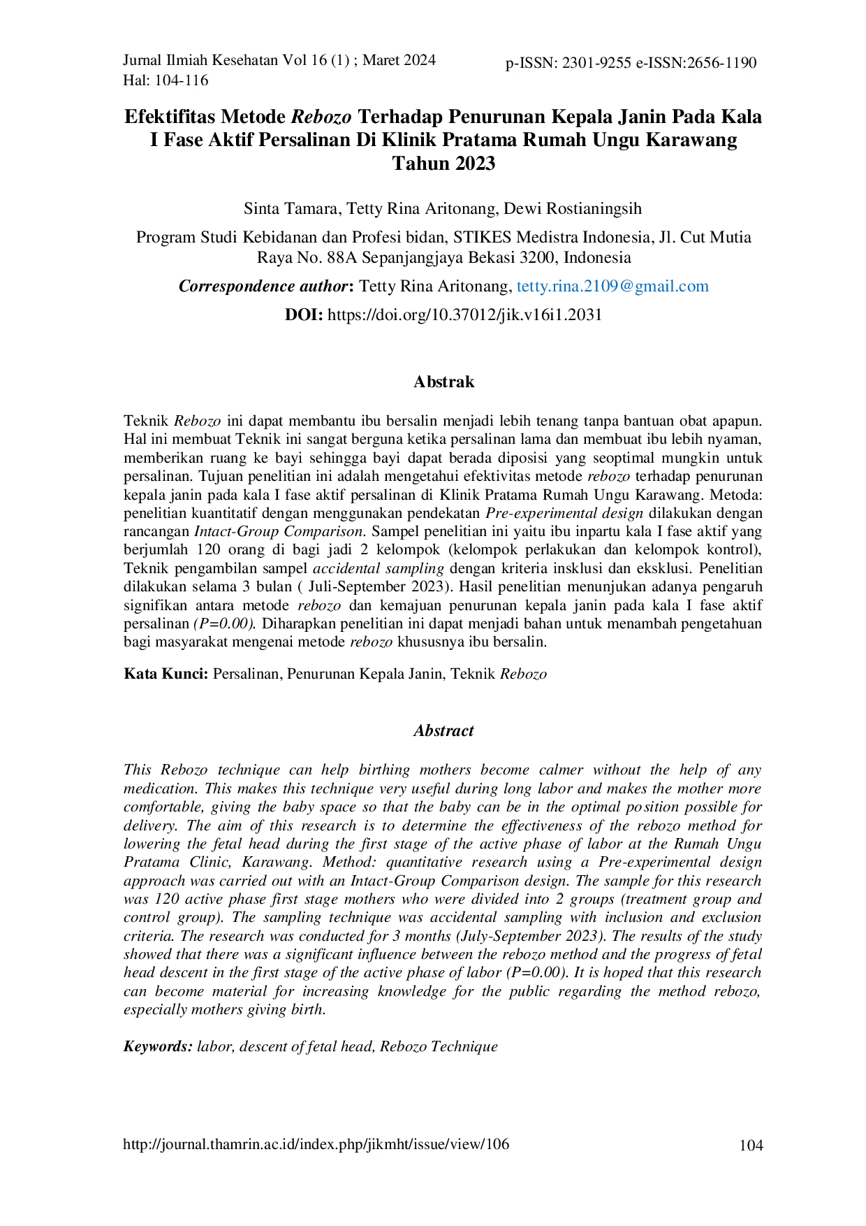JURIS Efektifitas Metode Rebozo Terhadap Penurunan Kepala Janin Pada Kala I Fase Aktif Persalinan Di Klinik Pratama Rumah Ungu Karawang Tahun 2023