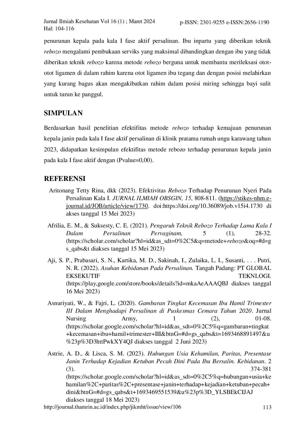 JURIS Efektifitas Metode Rebozo Terhadap Penurunan Kepala Janin Pada Kala I Fase Aktif Persalinan Di Klinik Pratama Rumah Ungu Karawang Tahun 2023