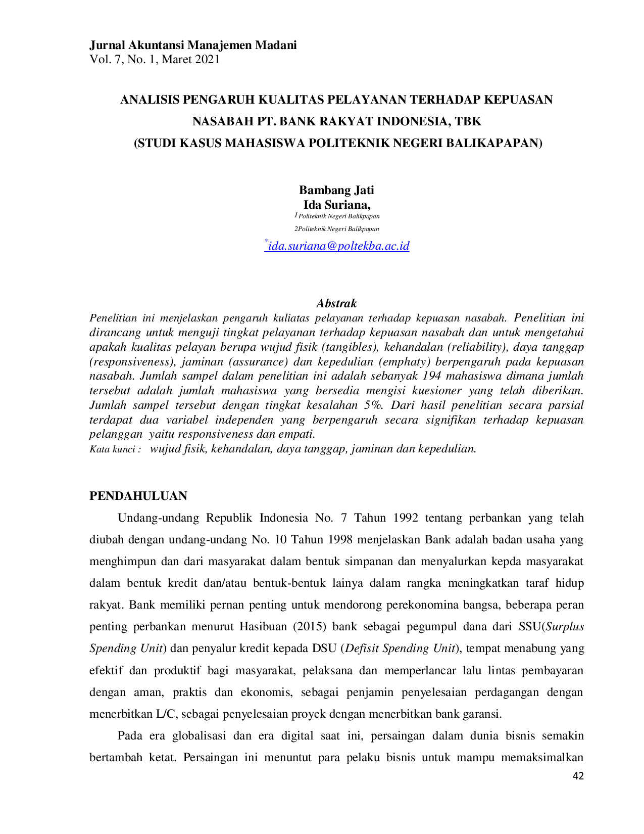 JURIS Analisis Pengaruh Kualitas Pelayanan Terhadap Kepuasan Nasabah PT Bank Rakyat Indonesia TBK Studi Kasus Mahasiswa Politeknik Negeri Balikpapan