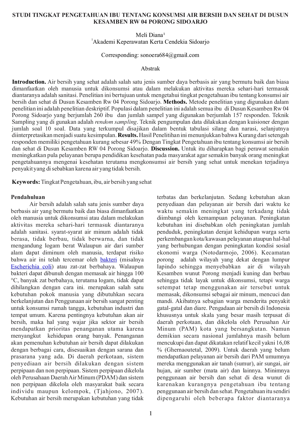 JURIS Studi Tingkat Pengetahuan Ibu Tentang Konsumsi Air Bersih Dan Sehat Di Dusun Kesamben Rw 04 Porong Sidoarjo