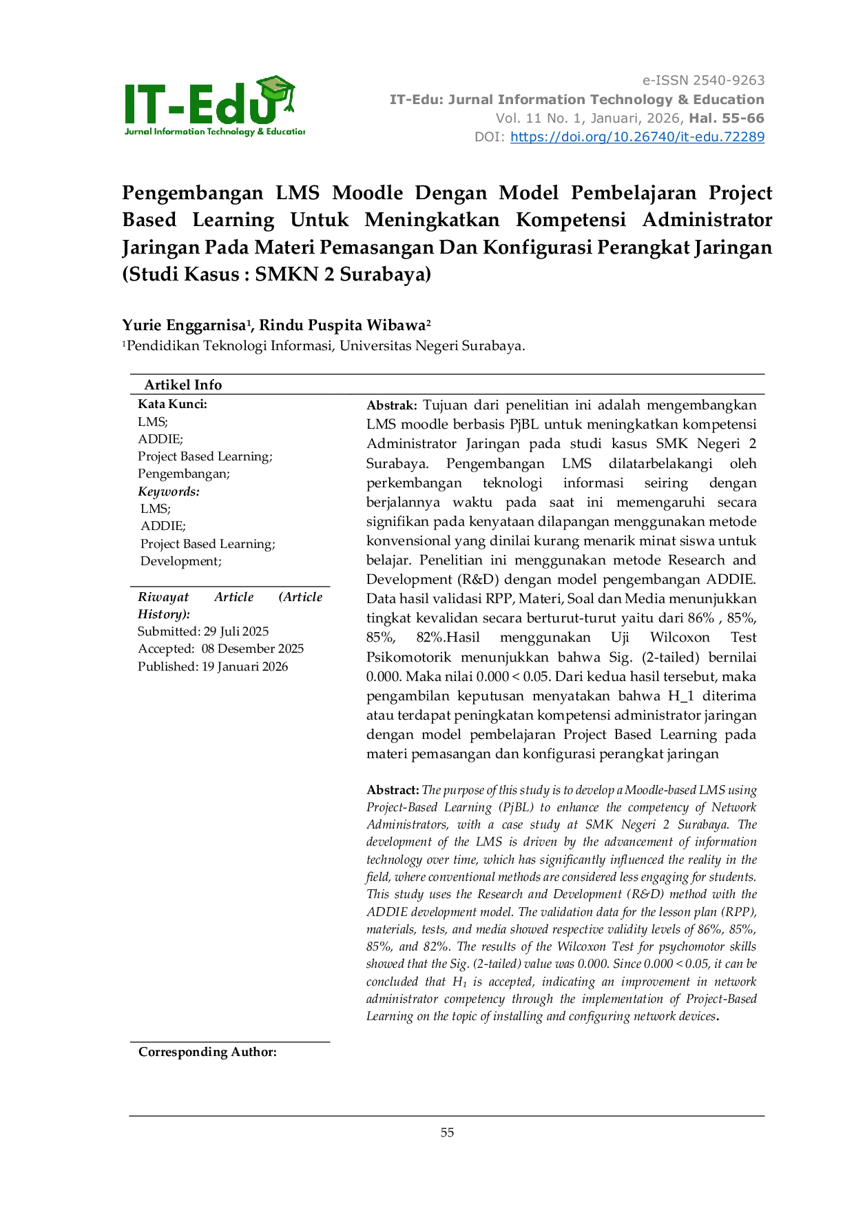 JURIS Pengembangan LMS Moodle Dengan Model Pembelajaran Project Based Learning Untuk Meningkatkan Kompetensi Administrator Jaringan Pada Materi Pemasangan Dan Konfigurasi Perangkat Jaringan Studi Kasus S