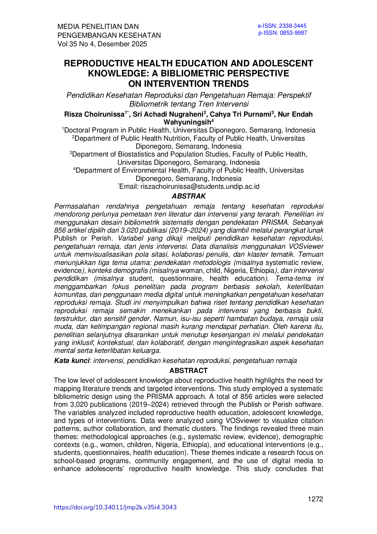 JURIS Pendidikan Kesehatan Reproduksi dan Pengetahuan Remaja Perspektif Bibliometrik tentang Tren Intervensi