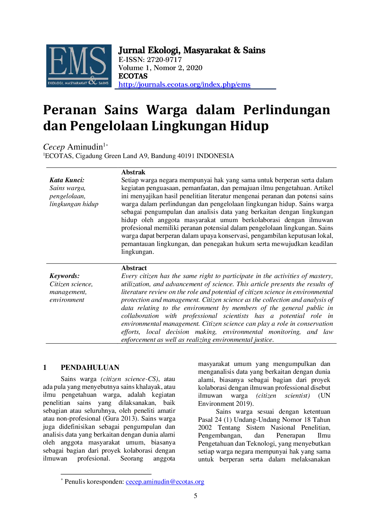 JURIS Peranan Sains Warga dalam Perlindungan dan Pengelolaan Lingkungan Hidup