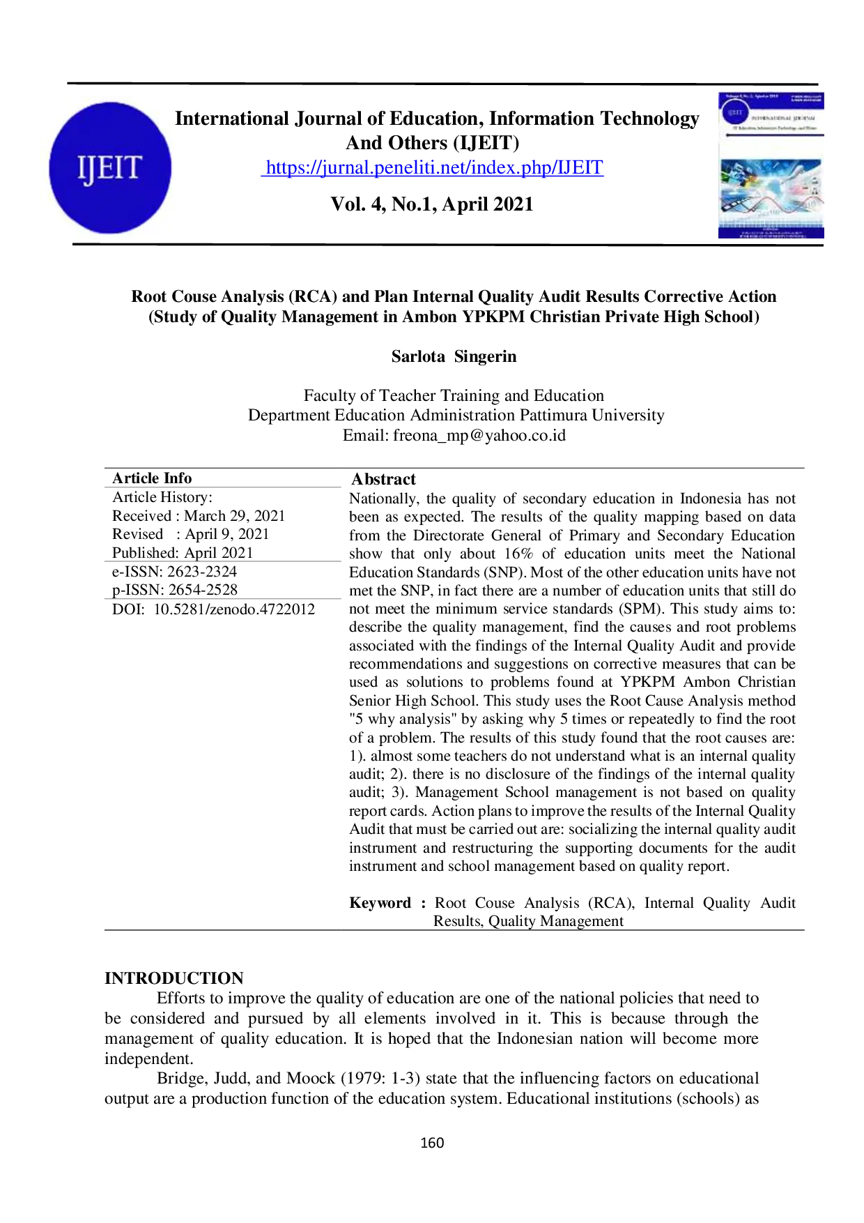 JURIS Root Cause Analysis RCA and Plan Internal Quality Audit Results Corrective Action Study of Quality Management in Ambon YPKPM Christian Private High School
