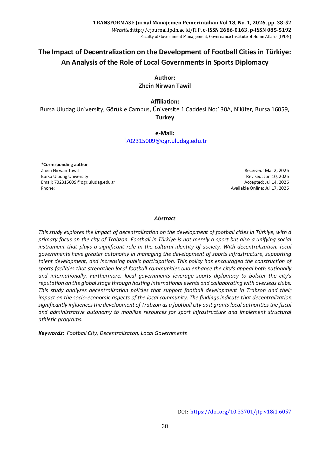 JURIS The Impact of Decentralization on the Development of Football Cities in T rkiye An Analysis of the Role of Local Governments in Sports Diplomacy