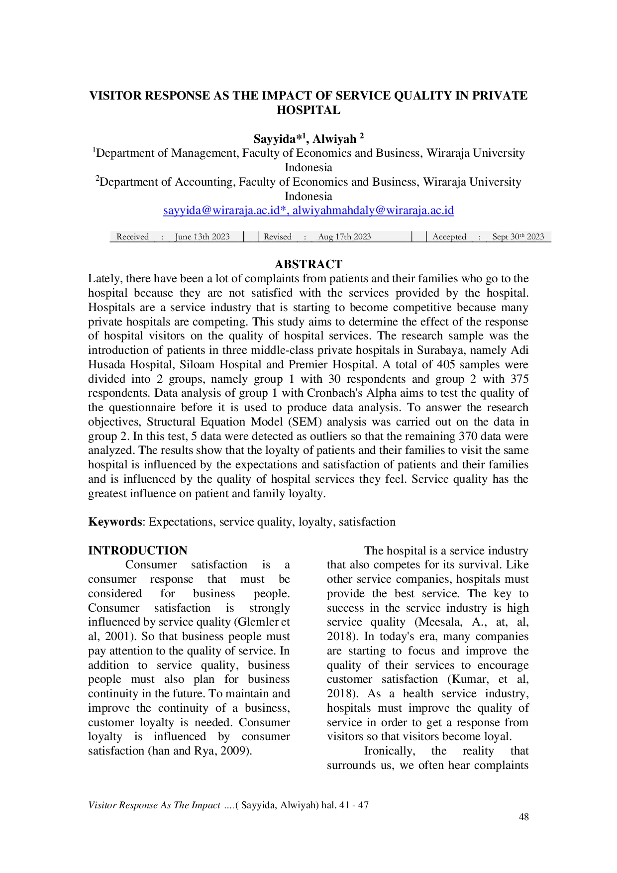 JURIS Visitor Response As The Impact Of Service Quality In Private Hospital