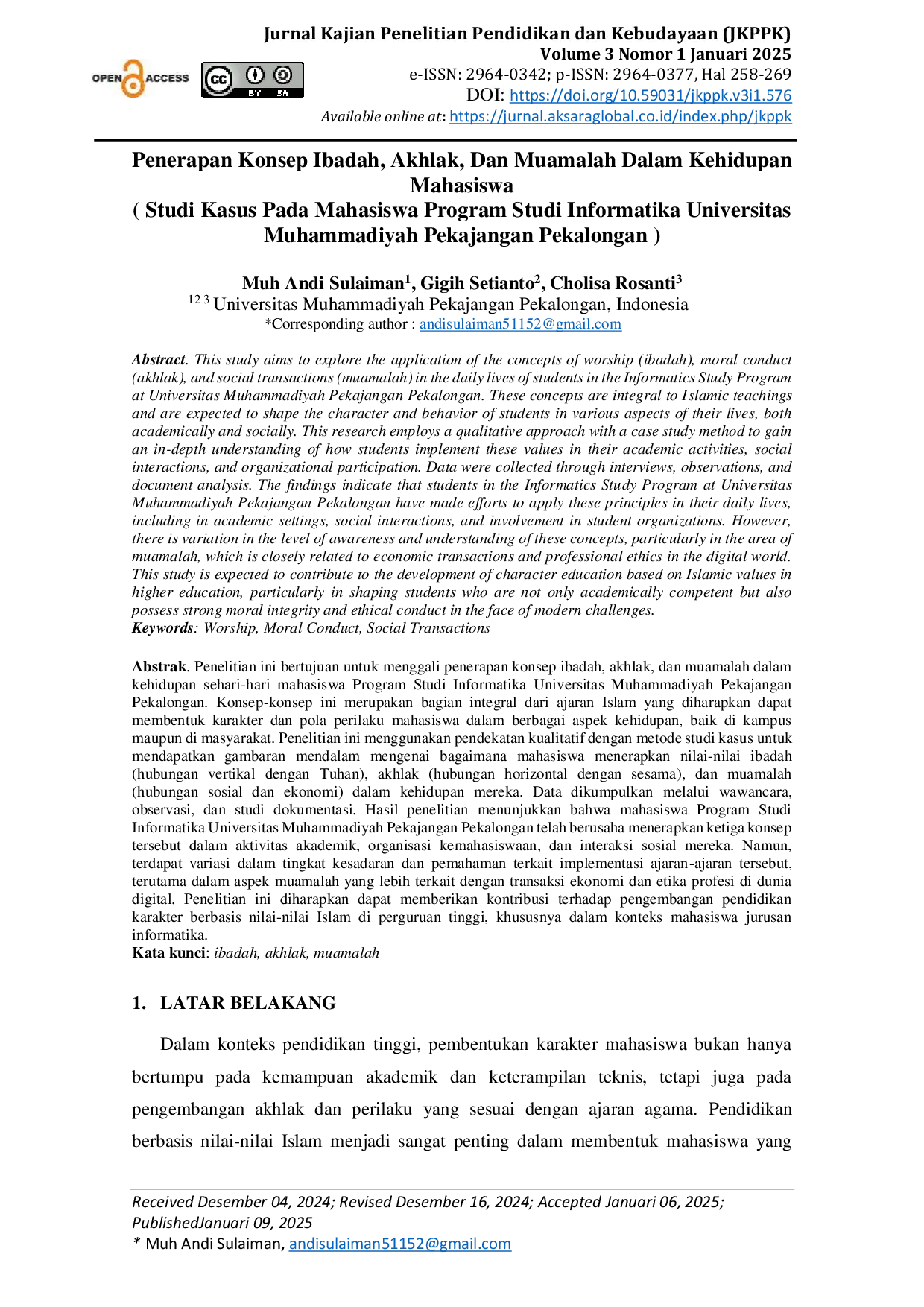 JURIS Penerapan Konsep Ibadah Akhlak Dan Muamalah Dalam Kehidupan Mahasiswa Studi Kasus Pada Mahasiswa Program Studi Informatika Universitas Muhammadiyah Pekajangan Pekalongan