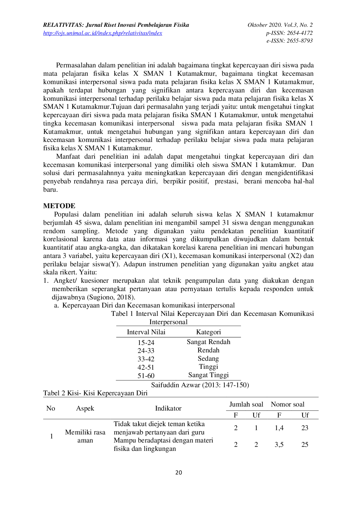 JURIS Hubungan Antara Kepercayaan Diri Dan Kecemasan Komunikasi Interpersonal Terhadap Perilaku Belajar Siswa Pada Mata Pelajaran Fisika Kelas X SMAN 1 Kutamakmur