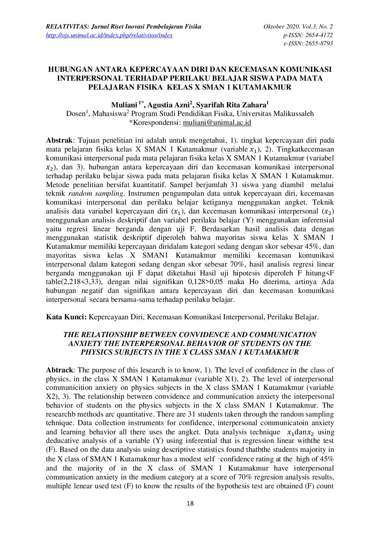 JURIS Hubungan Antara Kepercayaan Diri Dan Kecemasan Komunikasi Interpersonal Terhadap Perilaku Belajar Siswa Pada Mata Pelajaran Fisika Kelas X SMAN 1 Kutamakmur