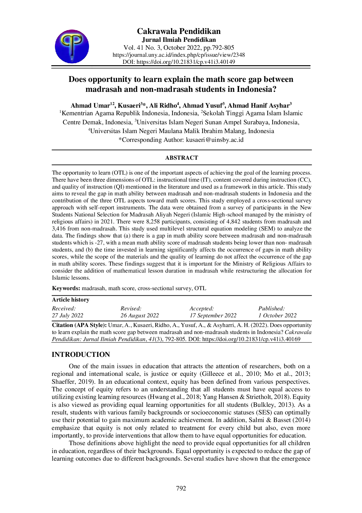 juris Does opportunity to learn explain the math score gap between madrasah and non madrasah students in Indonesia