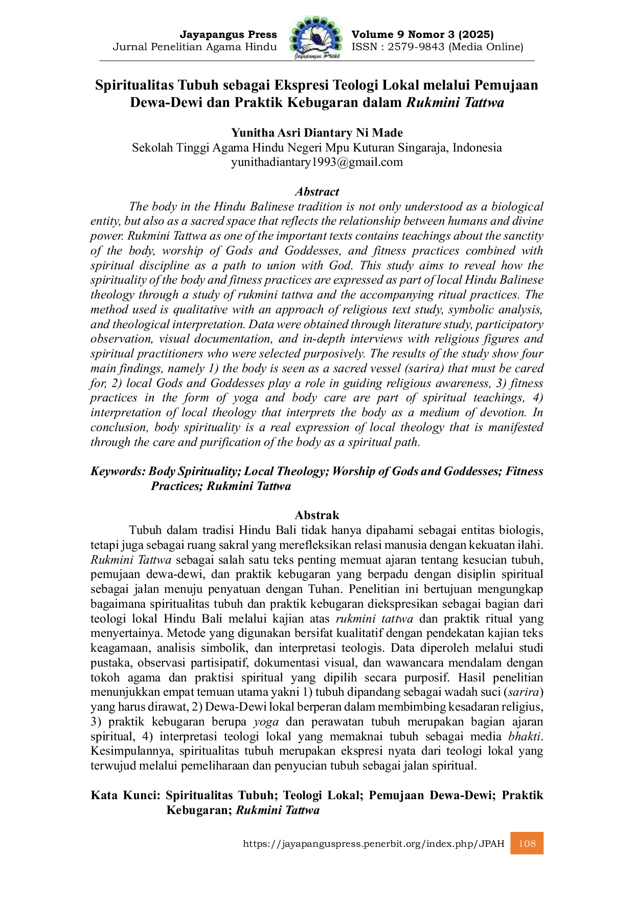 JURIS Spiritualitas Tubuh Sebagai Ekspresi Teologi Lokal Melalui Pemujaan Dewa Dewi dan Praktik Kebugaran dalam Rukmini Tattwa