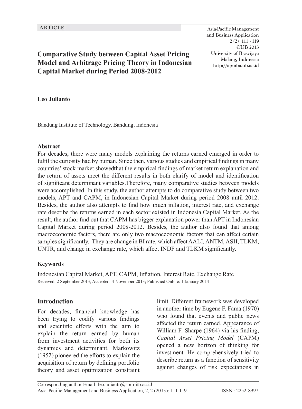 JURIS Comparative Study between Capital Asset Pricing Model and Arbitrage Pricing Theory in Indonesian Capital Market during Period 2008 2012