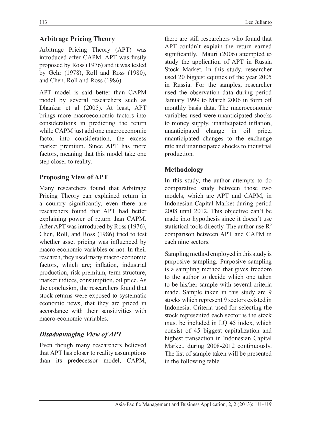 JURIS Comparative Study between Capital Asset Pricing Model and Arbitrage Pricing Theory in Indonesian Capital Market during Period 2008 2012