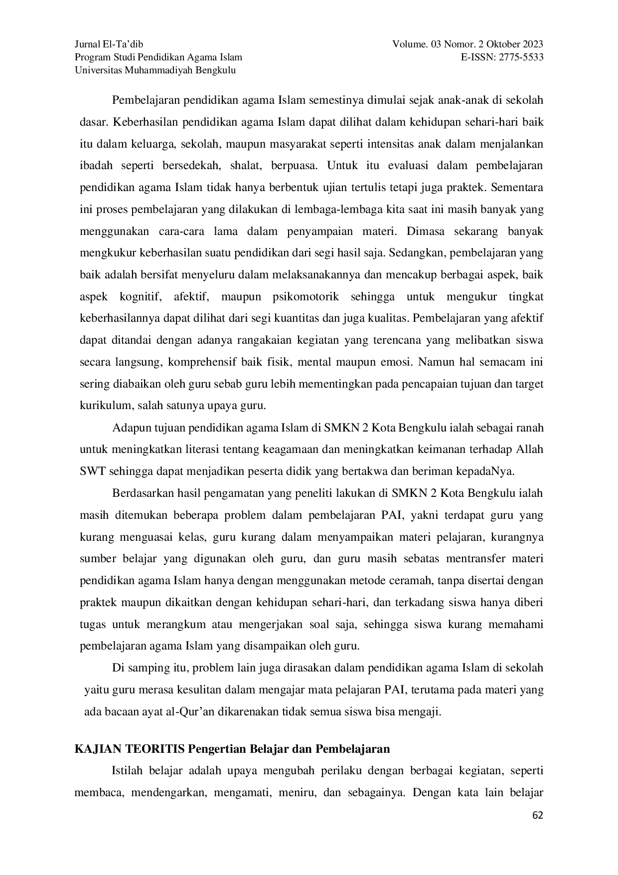 JURIS Problematika Pembelajaran Pendidikan Agama Islam Di SMK Negeri 2 Kota Bengkulu